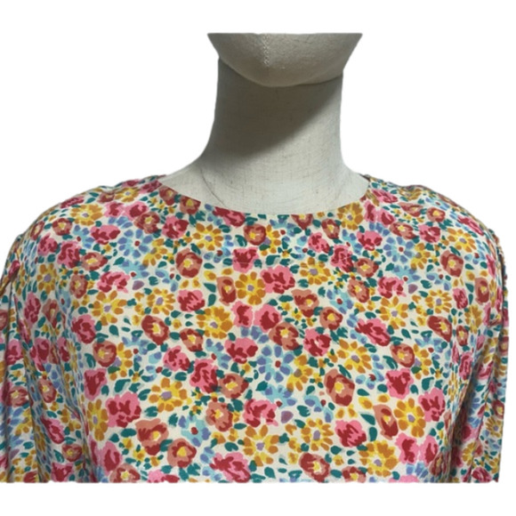 80s TANNER SILK DITZY PASTEL FLORAL PRINT MIDI DRESS BELTED PADDED SHOULDER 14 - Picture 6 of 12